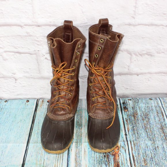 LL BEAN 11" Brown Leather Rubber Unlined Lace-up Ankle Duck Boots M 8 / L 10 - Picture 5 of 8